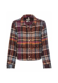 Kariertes cropped Jackett aus mehrfarbigem Stoff, mit Kragen, Knopfleiste und zwei Brusttaschen, das eine Mischung aus lebhaften Mustern aufweist.