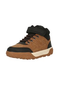 Braune und schwarze High-Top-Sneaker mit gemusterten Schnürsenkeln, Klettverschluss und strukturiertem Gummisohle, schräg dargestellt, um die Außenseite zu zeigen.