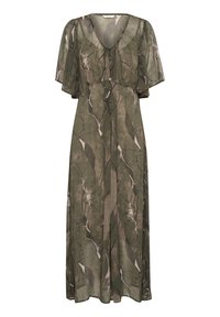 Robe maxi en tissu vert olive transparent avec un décolleté en V, des manches courtes à volants et un motif de feuilles. Dotée de détails de boutons sur le devant.