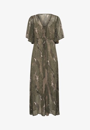 Maxi šaty z priesvitnej olivovo zelenej látky s výstrihom do V, krátkymi flitrovými rukávmi a vzorom listov. Obsahuje gombíkovú ozdobu na prednej strane.
