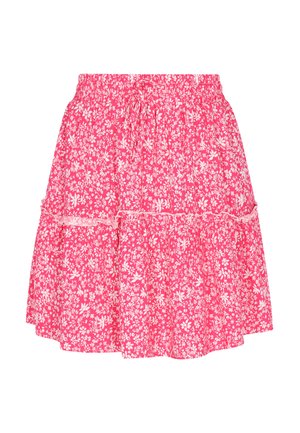 Rožinė, gėlėmis raštuota sijonas su raukiniais, elastinga juosmens juosta ir sluoksniuota detalizacija. Audinys yra lengvas ir tekstūruotas.