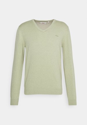 Maglione a scollo a V in verde chiaro, realizzato in morbido tessuto a maglia. Maniche lunghe con polsini e orlo a costine, con un logo discreto sul petto.