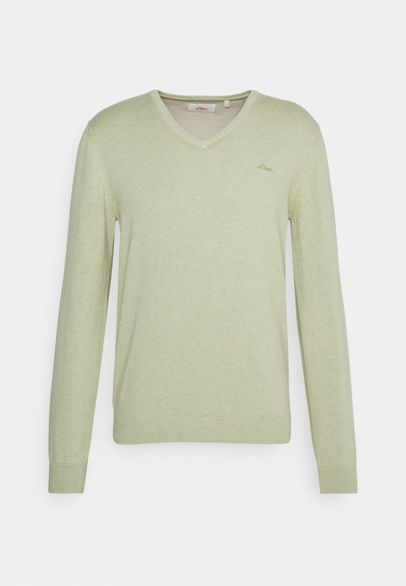 Sweter z dekoltem w serek w jasnym zielonym kolorze, wykonany z miękkiej dzianiny. Długie rękawy z ściągaczami na mankietach i u dołu, z subtelnym logo na piersi.