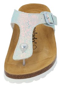 Iridescent blue synthetic upper with buckle, brown suede footbed, and white rubber sole. Features a toe post and decorative button detail.