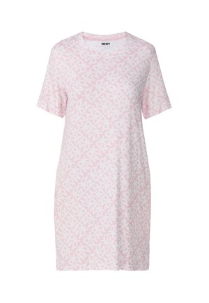 Robe rose clair à manches courtes avec un motif blanc intégral du logo DKNY et un col rond.