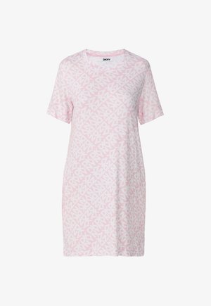 Robe rose clair à manches courtes avec un motif blanc intégral du logo DKNY et un col rond.
