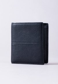 Black leather wallet with a textured surface, folded design, and two visible card slots. Edges are stitched with a subtle sheen.
