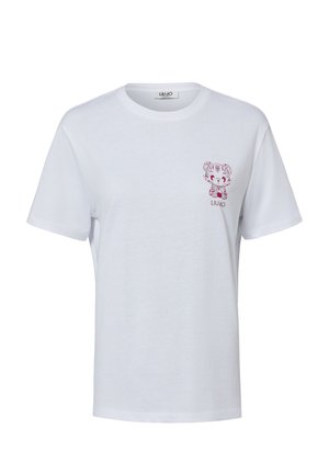 Weißes Kurzarm-T-Shirt mit einer kleinen pinkfarbenen Cartoon-Tiger-Grafik und dem Text "LIU·JO" auf der linken Brust.