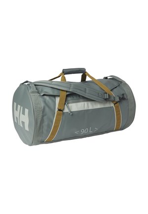 Szara cylindryczna torba typu duffel z żółtymi paskami, boczną kieszenią na zamek oraz logo "HH" na końcu, oznaczona pojemnością "90L".