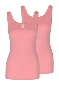 Pink cotton tank tops with a lacy V-neckline, featuring a fitted shape and smooth texture. Sold as a pack of two.