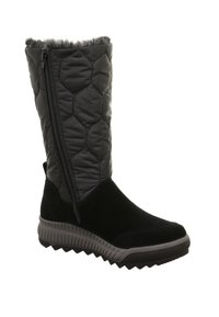 Czarne zimowe botki z pikowanej nylonowej cholewki, sztucznym futrem, zamek błyskawiczny oraz teksturowaną gumową podeszwą o postrzępionym wzorze.
