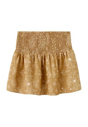 Beige rok met geplooide tailleband en wit bloemrijk borduurpatroon op lichtgewicht stof.