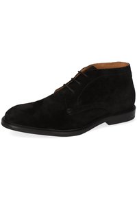 Stivali alla caviglia in suede nero con finitura liscia, caratterizzati da una punta arrotondata, cuciture a contrasto e una suola in gomma nera elegante.