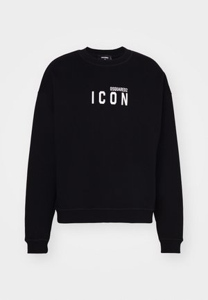 Felpa nera realizzata in tessuto morbido. Presenta un colletto a girocollo e maniche lunghe. Logo bianco centrato con testo "DSQUARED2 ICON." Vestibilità classica.