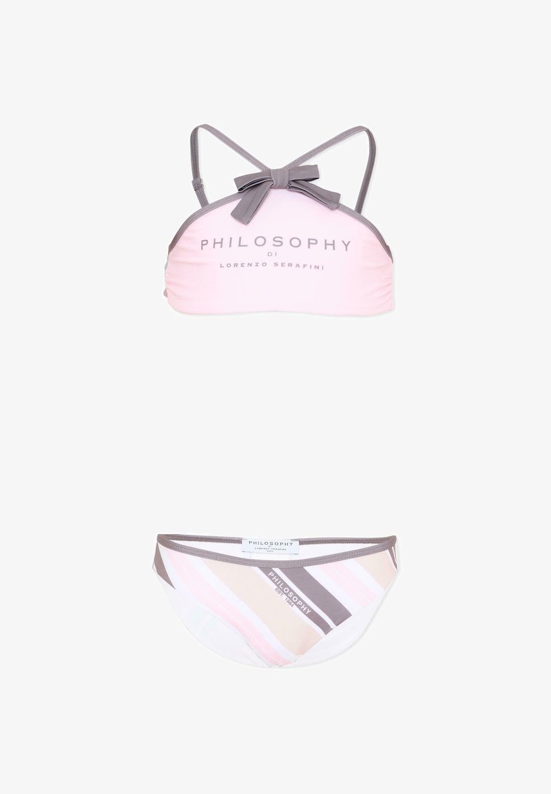Roze en beige gestreepte bikini set met grijze bies, met de tekst "PHILOSOPHY DI LORENZO SERAFINI" op de boven- en onderstukken.