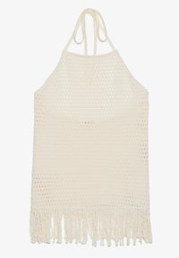 Gehaakte haltertop in off-white, met een gevarieerde open structuur en franjes aan de onderkant. Gemaakt van zachte garen voor comfort en ademend vermogen.