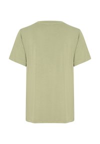 Tricou scurt cu mânecă scurtă, de culoare verde deschis, cu guler rotund și croială dreaptă, fabricat dintr-un material moale și neted. Design simplu, fără modele sau accente.