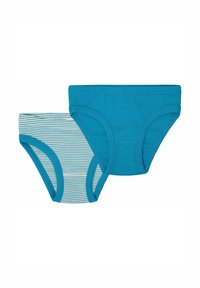 Twee paar kinderonderbroeken: één effen turquoise en één met afwisselende turquoise en witte strepen, beide met zachte elastische bands.
