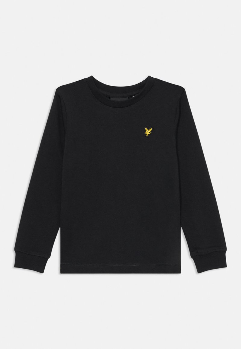 Svart langermet t-skjorte laget av bomull, med rund hals og ribbestrikkede mansjetter. En liten gul ørn-logo er brodert på brystet.