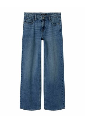 Jeans wide-leg bleu clair en denim. Comporte cinq poches, des passants de ceinture et un dégradé subtil, avec des coutures renforcées le long des seams.