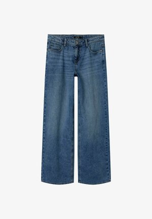 Jeans wide-leg bleu clair en denim. Comporte cinq poches, des passants de ceinture et un dégradé subtil, avec des coutures renforcées le long des seams.