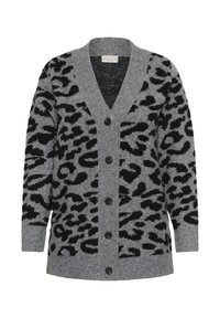 Grauer Cardigan mit schwarzem Leopardenmuster, V-Ausschnitt, Frontknöpfen sowie gerippten Bündchen und Saum. Hergestellt aus weichem Strickmaterial.