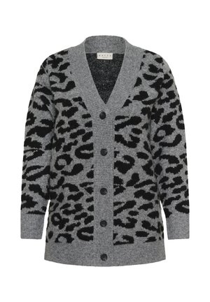 Gray cardigan with black leopard print, featuring a V-neck, front buttons, and ribbed cuffs and hem. Made from a soft knit material.