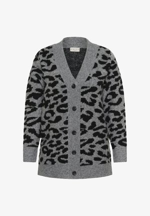 Grauer Cardigan mit schwarzem Leopardenmuster, V-Ausschnitt, Frontknöpfen sowie gerippten Bündchen und Saum. Hergestellt aus weichem Strickmaterial.