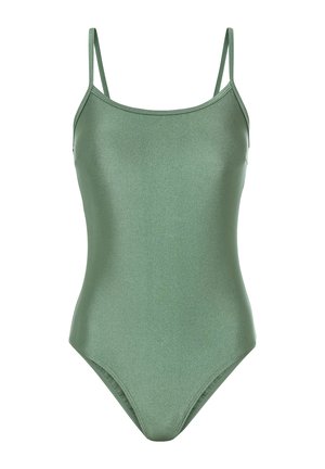 Costume da bagno intero verde con spalline sottili, realizzato in un tessuto lucido e elasticizzato. Presenta una texture liscia e un design elegante e minimalista.