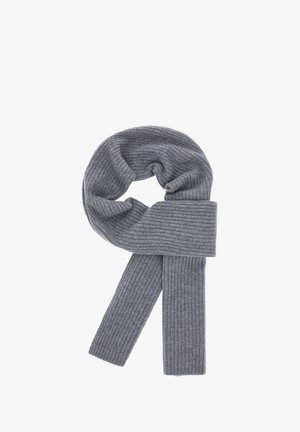 Grau gerippter Schal, aus weichem Stoff. Er hat ein langes, gewickeltes Design mit strukturierten Details und geraden Enden.