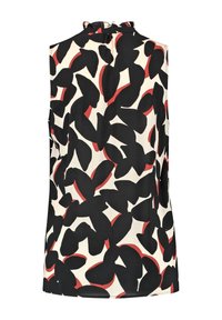 Blusa senza maniche con colletto alto, caratterizzata da un motivo astratto di foglie in nero e crema con accenti rossi su un tessuto liscio.