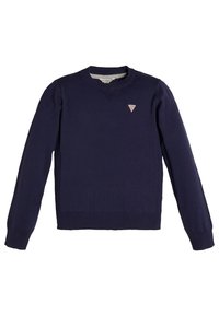 Marineblauer Strickpullover mit Rundhalsausschnitt, gerippten Bündchen und Saum, und einem kleinen dreieckigen Logo auf der Brust. Ganze Oberfläche mit glatter Textur.
