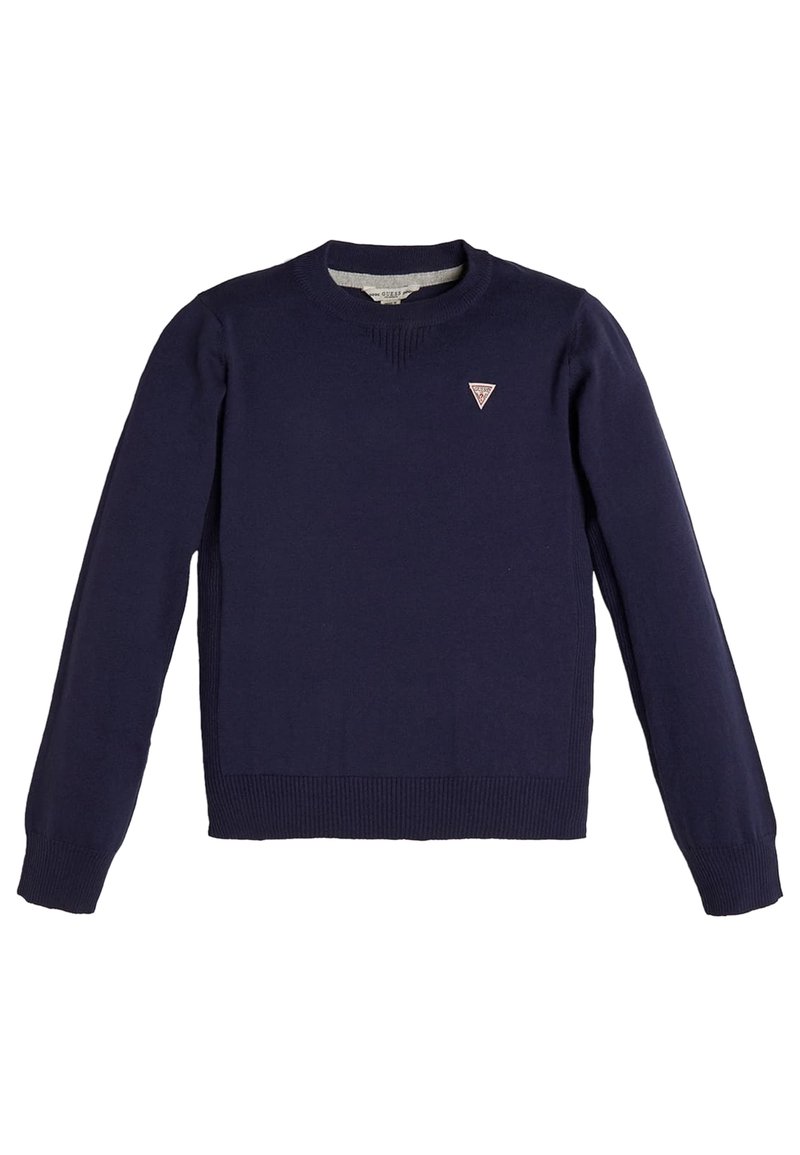Marineblauer Strickpullover mit Rundhalsausschnitt, gerippten Bündchen und Saum, und einem kleinen dreieckigen Logo auf der Brust. Ganze Oberfläche mit glatter Textur.