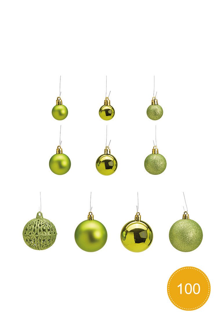 Dziesięć zielonych ozdób choinkowych: różne kształty i wykończenia, w tym matowe, błyszczące, brokatowe oraz wzorzyste.