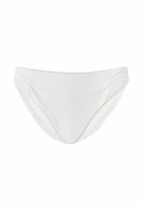Balta bikini apakša ar teksturētu rakstu, ar rušinājumu sānos un viļņotu apdari. Visā virsmā gluda apdare.