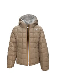 Giacca a vento trapuntata beige con cappuccio, zip frontale con una striscia multicolore e un logo del marchio sulla zona sinistra del petto.