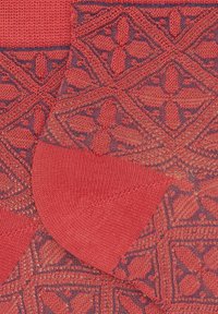 Calze a righe rosse con un design testurizzato che presenta forme geometriche, una zona della punta liscia e una gonna a coste, il tutto in una combinazione di colori armoniosa.