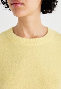 Yellow sweater made of soft, textured fabric, featuring a classic crew neckline and ribbed detailing around the collar.