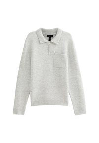 Pullover lavorato a maglia grigio chiaro con colletto zip, maniche lunghe e una tasca sul petto. Presenta un orlo e dei polsini a coste per un tocco di texture in più.