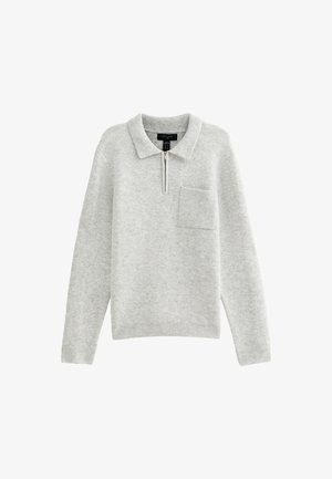 Light grey knitted pullover with a zip collar, long sleeves, and a chest pocket. Features a ribbed hem and cuffs for added texture.