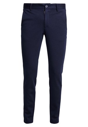 Pantaloni blu navy, realizzati in un tessuto liscio. Presentano una chiusura con zip, bottone e un design slim fit. Nessun motivo o dettaglio visibile.