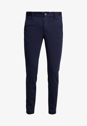Navy blue trousers, made from a smooth fabric. Features a zip fly, button closure, and a slim fit design. No visible patterns or accents.