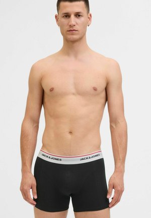 Svarta boxer-kalsonger med en grå midja som har varumärket "JACK & JONES" i svart. Tight passform, slät textur.