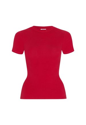 T-shirt rosso a maniche corte con un design aderente. Realizzato in materiale liscio, con collo rotondo e bordi senza cuciture.