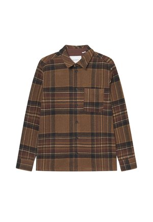 Barna kockás ing puha anyagból, hosszú ujjal, gombos záródással, gallérral és egyetlen mellzsebbel, amely sokszínű csíkokkal d�íszített.