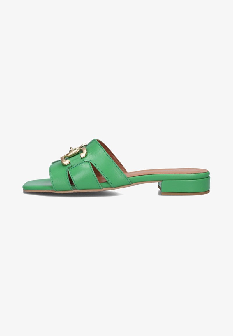 Green leather slide sandal with two front straps, gold hardware detail, and a low block heel. Smooth texture with open toe design.