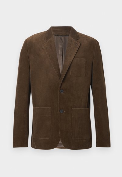 Brown corduroy blazer featuring a single-breasted design, two front pockets, one chest pocket, and smooth inner lining.