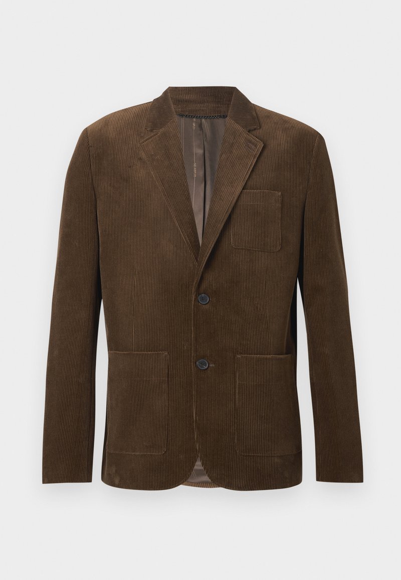 Brun manchesterblazer med en enkelknäppt design, två framfickor, en bröstficka och slät innervadd.