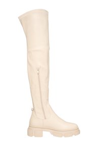 Botas de cuero color crema hasta la rodilla con suela gruesa y cremallera lateral, que presentan una textura suave y un diseño minimalista.