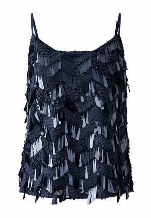 Marineblauwe camisole met gelaagde pailletten in verschillende tinten, die een gestructureerd, diagonaal patroon creëren met verstelbare schouderbandjes.